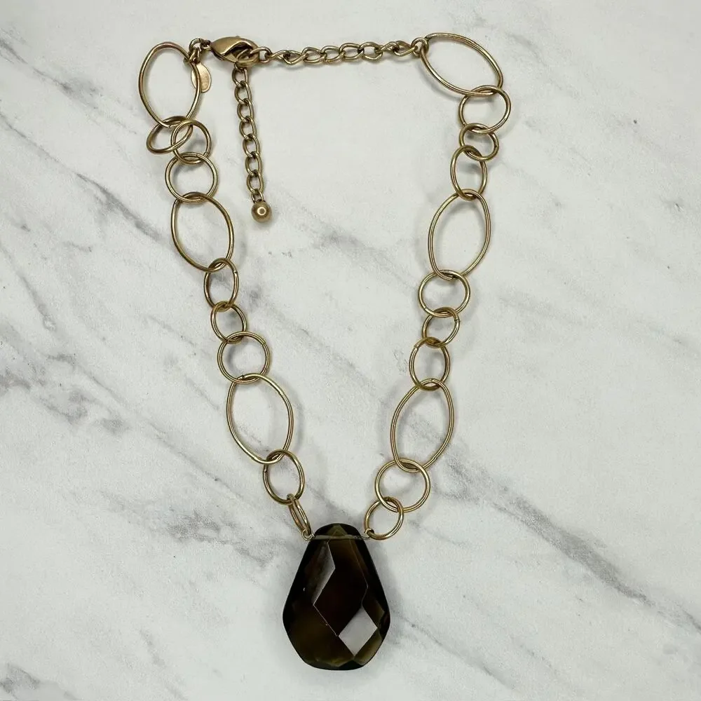 Chico's Vintage Brown Faceted Pendant on Gold Tone Chain Link Necklace